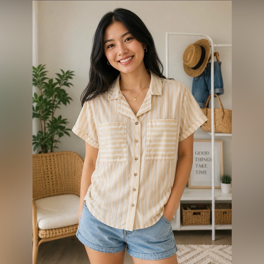 Member’s Mark Tencel Camp Shirt | NWT | Size Small | Neutral Stripe